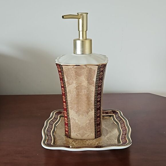 Croscill Townhouse Lotion Dispenser & Soap Dish Brown/ Burgundy - Picture 16 of 16